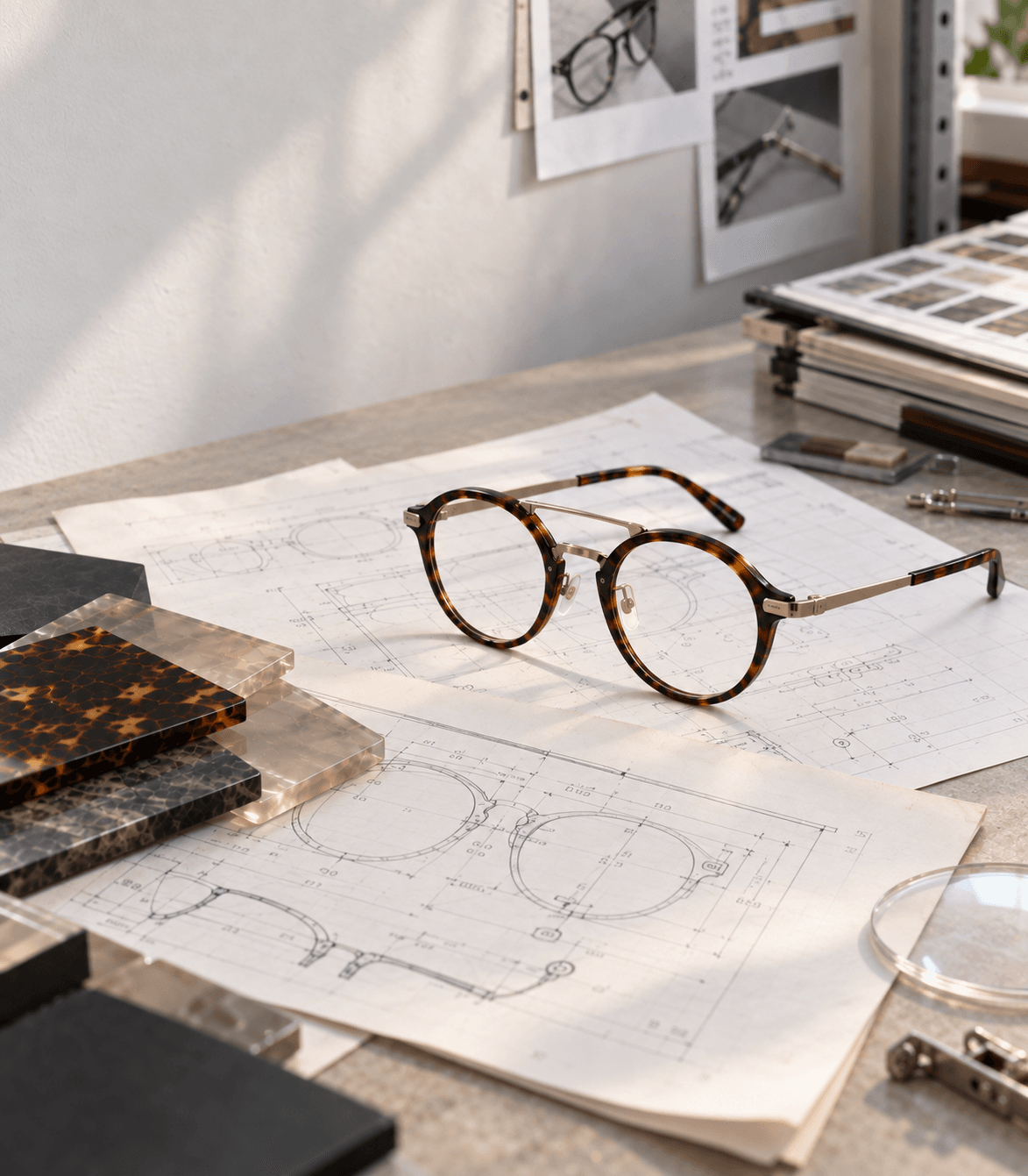 Optical frame sample and development drawing on a workbench