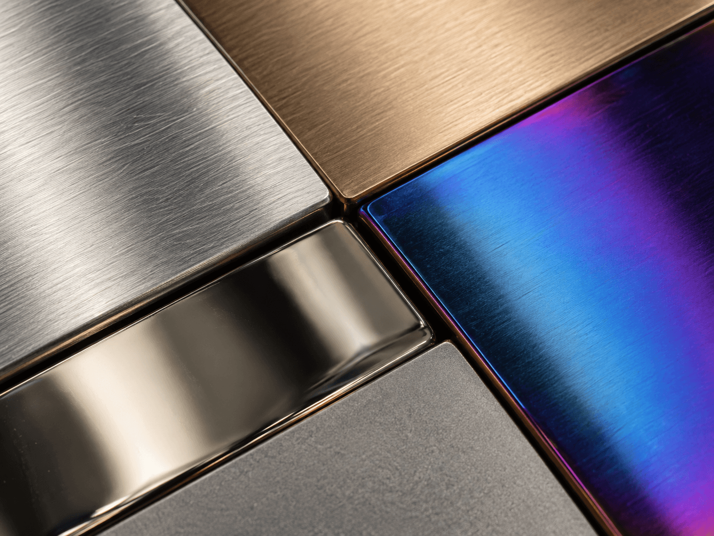 Eyewear material samples with brushed metal and colored surface finishes