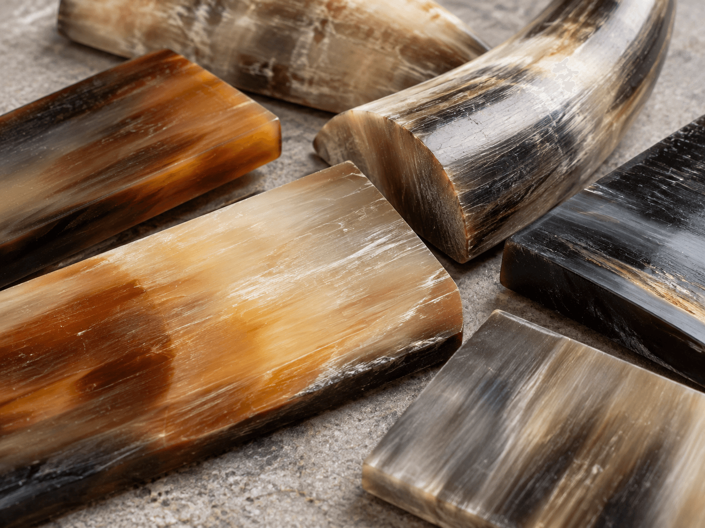 Buffalo horn material blanks with varied natural textures