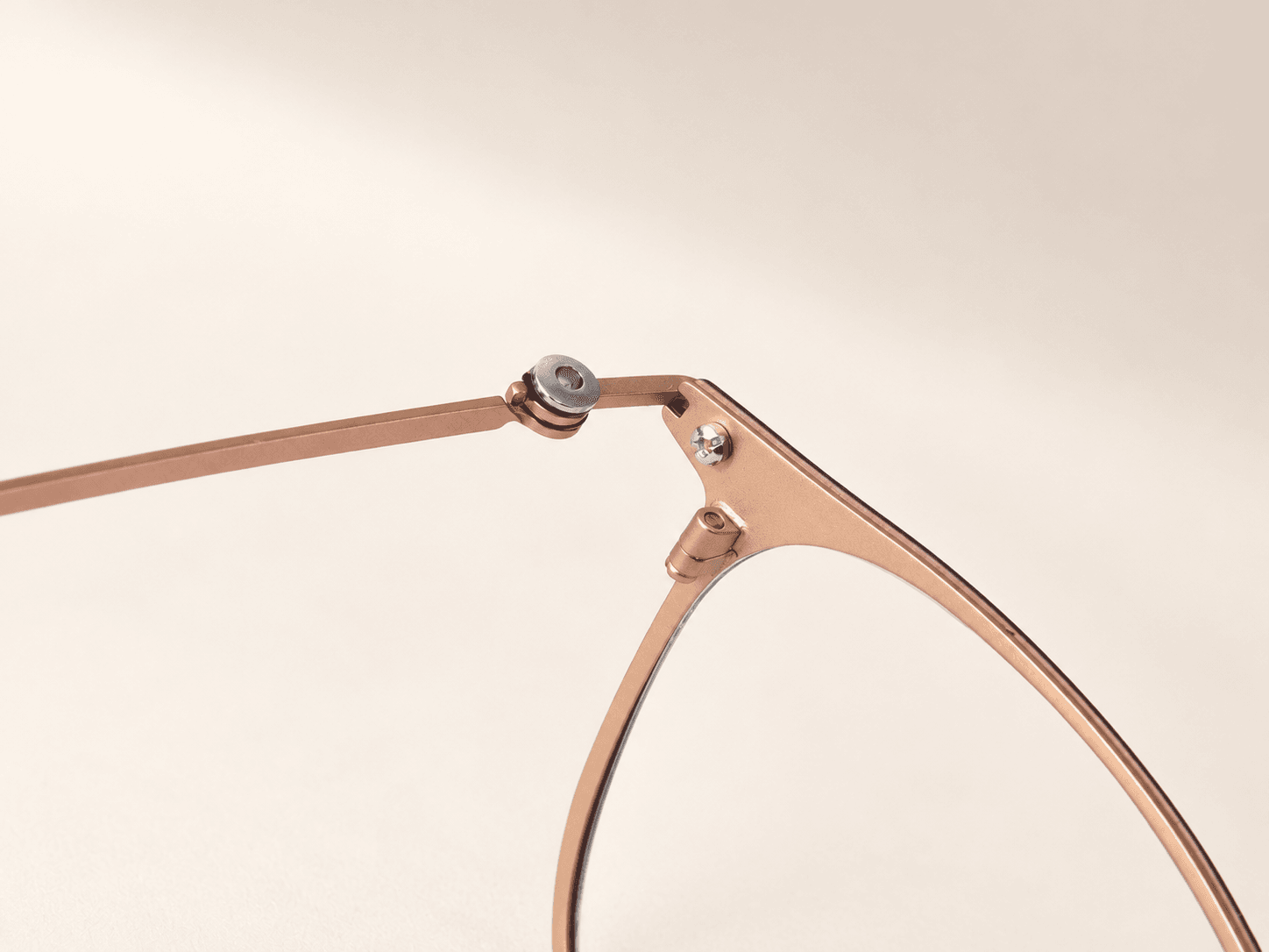 Inside hinge view showing a silver-tone circular cap, dark rings and rose-gold-tone connection.