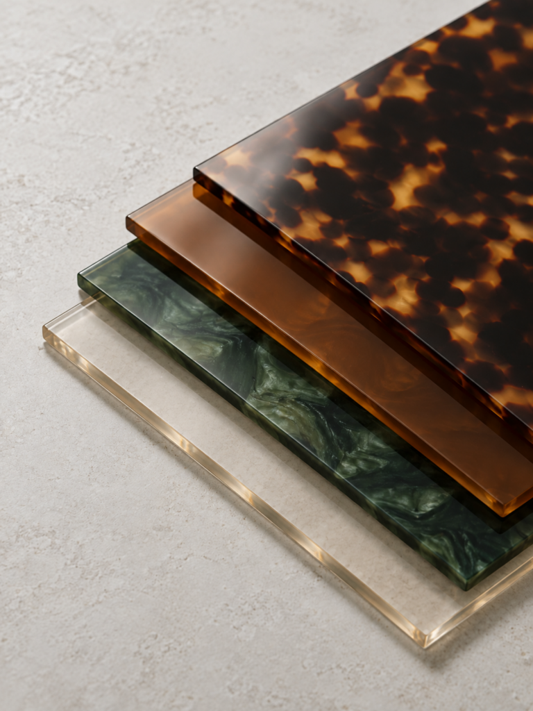 Stacked acetate sheets in tortoiseshell, green and translucent colors